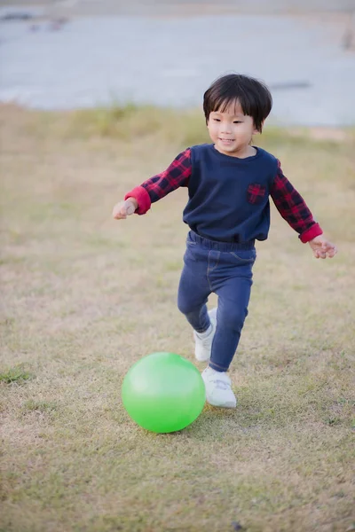 小さな男の子が草の上でボールを — ストック写真