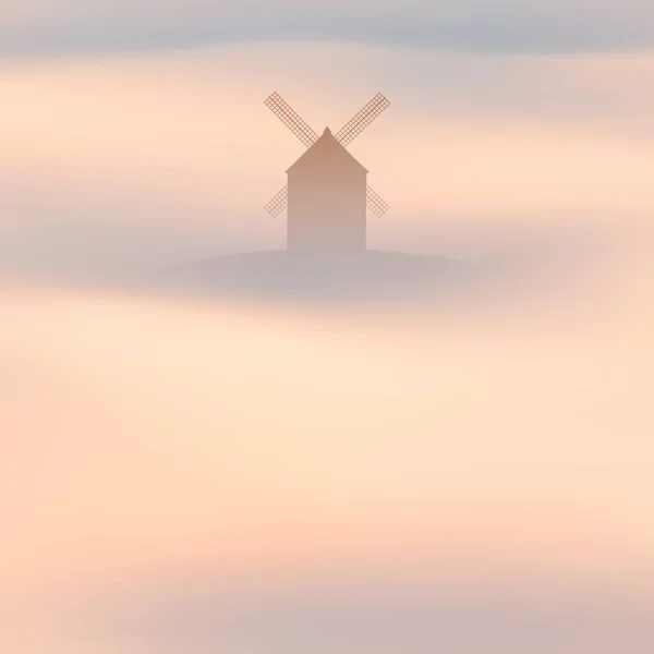 Wiatrak Wzgórzu Mgliste Chmury Pastelowe Fale Mgły Krajobraz Kraju — Wektor stockowy