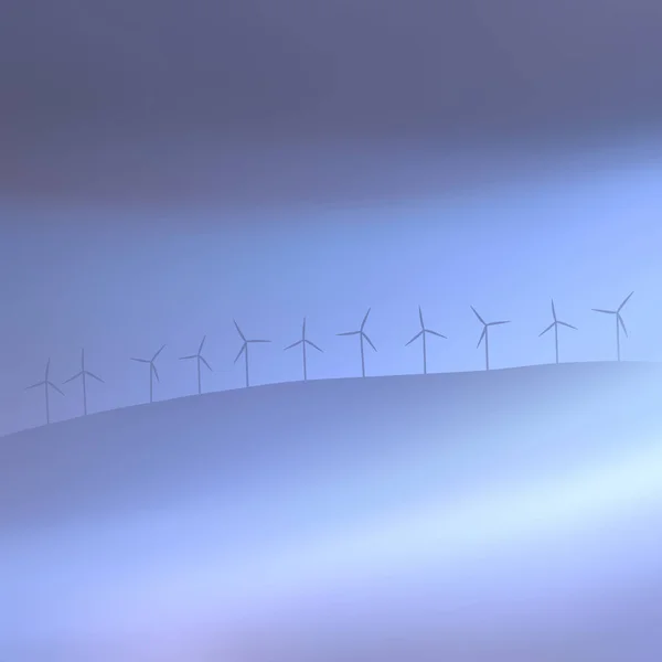 Windmühlen Auf Dem Hügel Nebelwolken Pastellfarbene Nebelschwaden Landschaft Auf Dem — Stockvektor