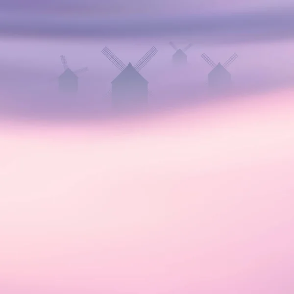 Windmühlen Auf Dem Hügel Nebelwolken Pastellfarbene Nebelschwaden Landschaft Auf Dem — Stockvektor