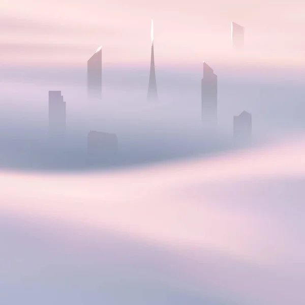 Grattacieli Della Città Nuvole Appannate Onde Nebbia Pastello Paesaggio Urbano — Vettoriale Stock