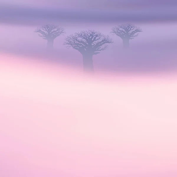 Baobab Copac Nori Ceaţă Valuri Ceaţă Dimineaţa Ceaţă Peisaj Natural — Vector de stoc