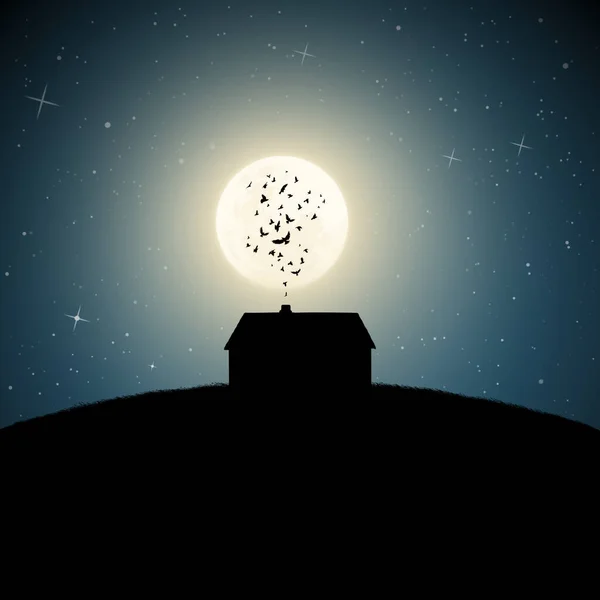 Haus Auf Hügel Mondscheinnacht Vogelschwarm Silhouette Des Vollmondes — Stockvektor