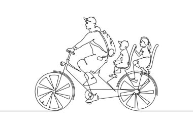 Father and children on bicycle. Continuous line. Linear family on bike
