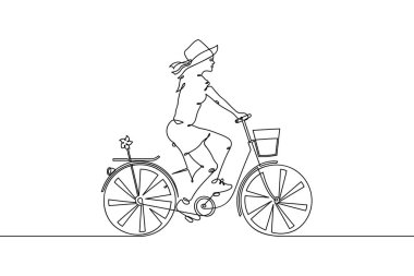 Girl on bike. Continuous line. Cyclist on bicycle linear silhouette
