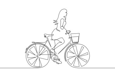 Girl on bike. Continuous line. Cyclist on bicycle linear silhouette