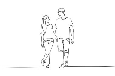 Walking lovers. Continuous line. Couple holding hands. Linear outline