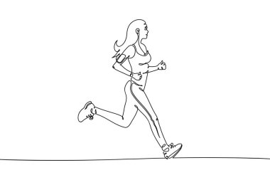 Jogging woman. Continuous single line. Running girl linear silhouette