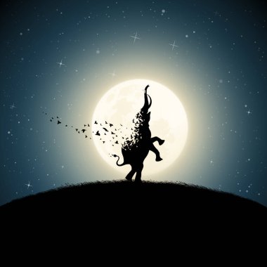 Elephant on moonlight night. Endangered animal. Death and afterlife