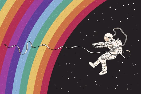 穿宇航服的宇航员坠落的宇航员 太空中的彩虹 — 图库矢量图片