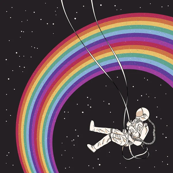 穿宇航服的宇航员宇航员在荡秋千太空中的彩虹 — 图库矢量图片