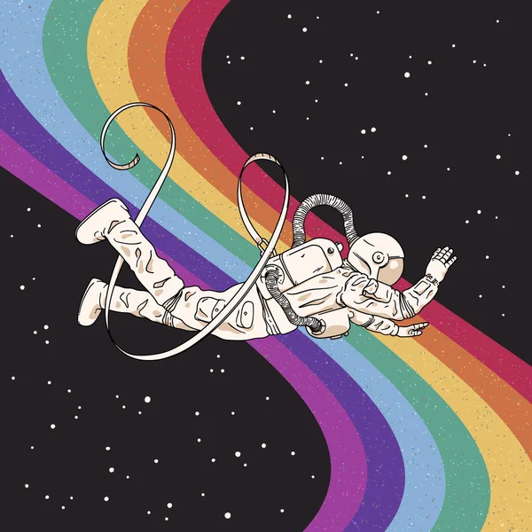 Astronaut Rymddräkt Flygande Kosmonaut Abstrakt Regnbåge Rymden — Stock vektor