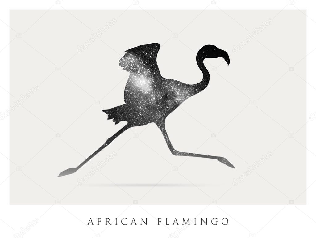 Flamingo silhouette. Abstract animal shape. Night starry sky