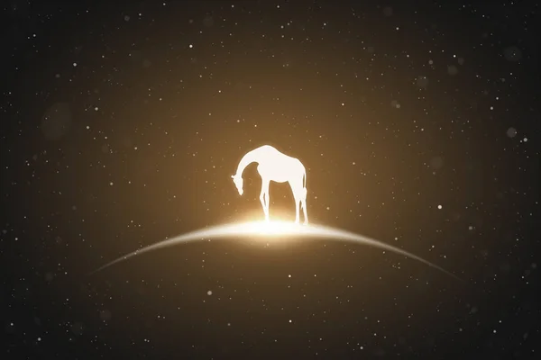 Jirafa Solitaria Silueta Animal Peligro Extinción Cielo Estrellado Contorno Brillante — Vector de stock