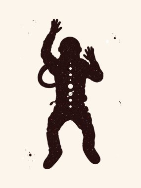 Uçan astronot. Kozmonot silueti. Güneş sistemi gezegeni. Gece gökyüzü