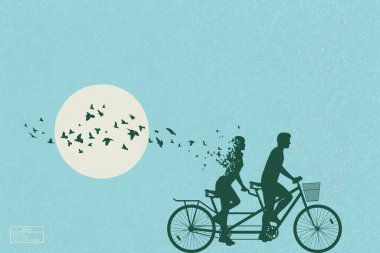 Lovers silhouette. People on bike and flying bird. Death and afterlife