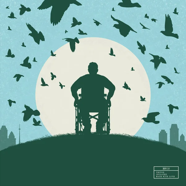 Man Wheelchair Disabled Man Silhouette City Park Flying Birds — Vector de stock