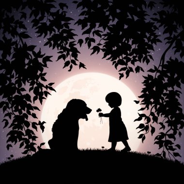 Kız ve köpek parkta. Bebek ve evcil hayvan silueti. Yıldızlı gökyüzünde dolunay