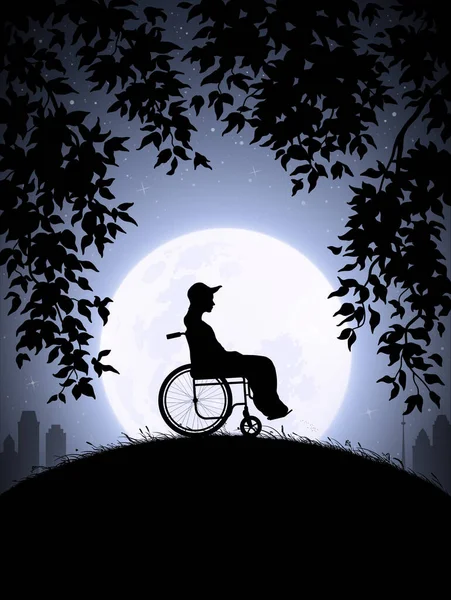 Girl Wheelchair Disabled Woman Park Full Moon Starry Night — Stock Vector