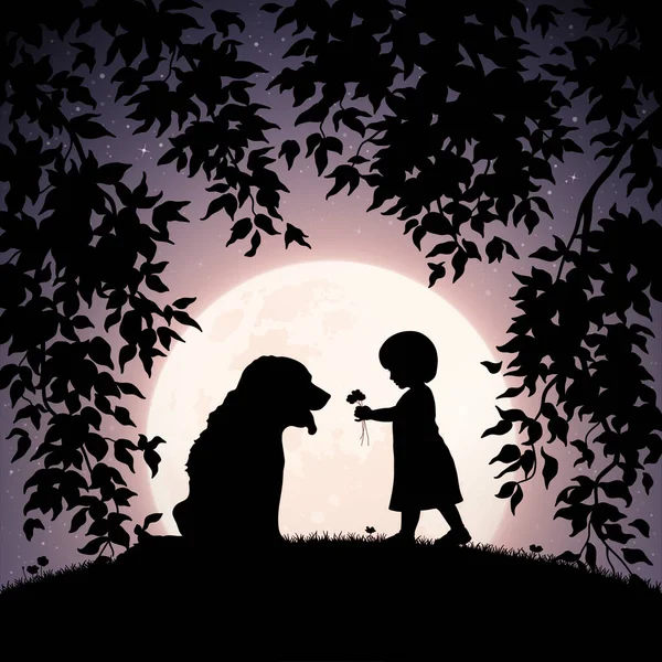 Girl Dog Park Baby Pet Silhouette Full Moon Starry Sky — Wektor stockowy