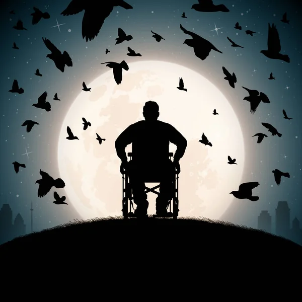 Man Wheelchair Disabled Man Silhouette Flying Birds Full Moon — Vector de stock