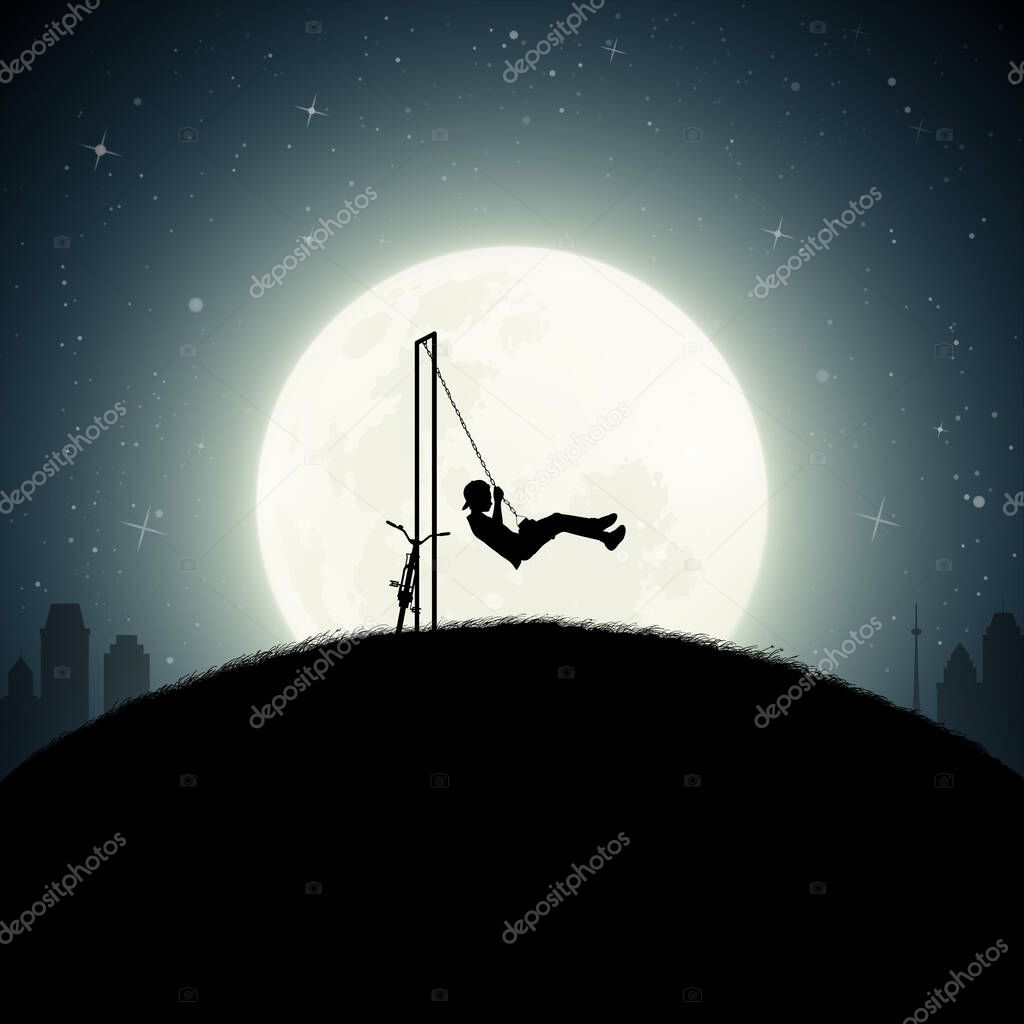 Boy on swing. Child silhouette on playground. Full moon in starry sky