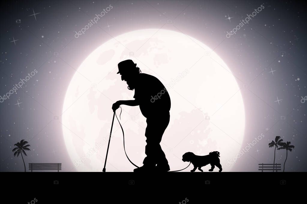 Old man with cane on starry night. Grandfather silhouette. Full moon