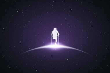 Koltuk değnekli adam. Engelli adam silueti. Uzayda parlayan dış hat