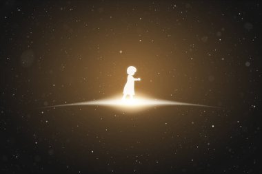 Küçük kız yürüyor. Yalnız çocuk silueti. Uzayda parlayan dış hat