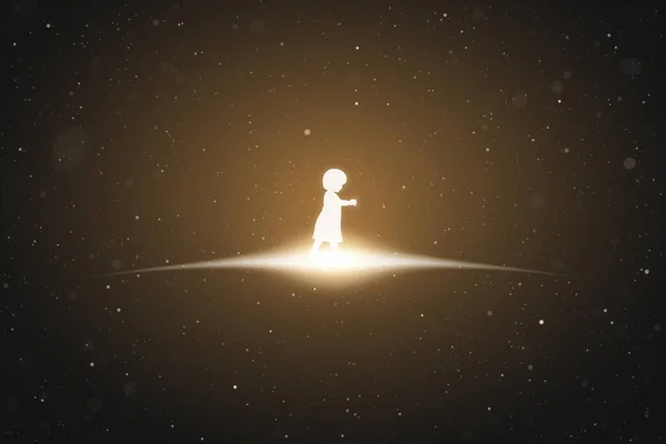 Маленькая Девочка Ходит Одинокий Детский Силуэт Светящийся Контур Космосе — стоковый вектор