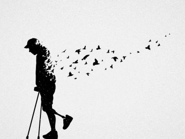 Koltuk değnekli engelli adam. Ölüm ve ölümden sonraki yaşam. Uçan kuş silueti