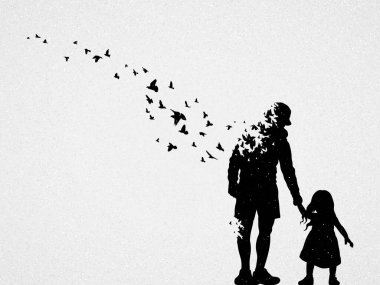 Baba ve kızı silueti. Ölüm ve ölümden sonraki yaşam. Uçan kuşlar