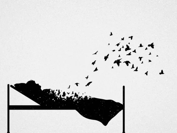 ベッドの上の老婦人 死と死後 空飛ぶ鳥のシルエット — ストックベクタ