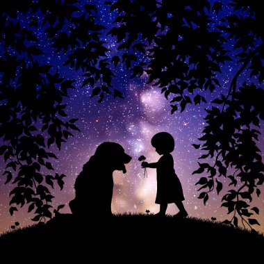 Geceleri kız ve köpek. Bebek ve evcil hayvan silueti. Yıldızlı gökyüzü, Samanyolu
