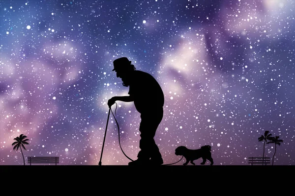 Bastonlu yaşlı adam. Yıldızlı gecede büyükbaba silueti. Samanyolu