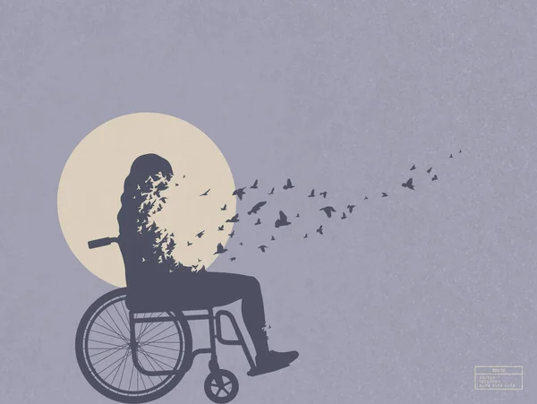 車椅子の女の子 死と死後 鳥が飛ぶ 要旨シルエット — ストックベクタ