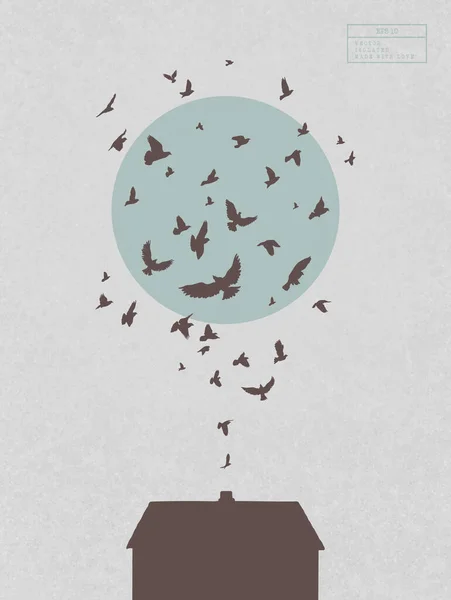 Haussilhouette Vogelschwärme Fliegen Auf Abstrakter Kaminrauch — Stockvektor
