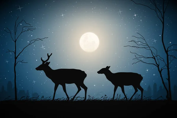 Deer Family City Park Animal Silhouette Full Moon Starry Night — Vector de stock