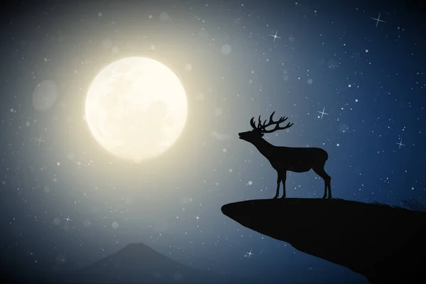 Lonely Deer Cliff Edge Animal Snowy Weather Full Moon Night — Vector de stock