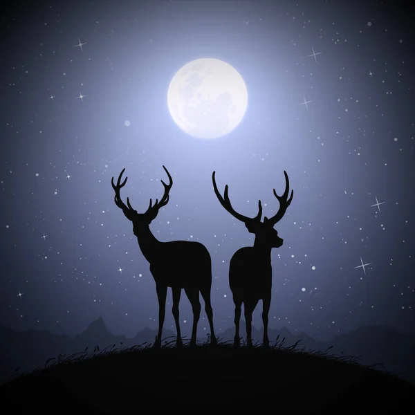 Deer Family Hill Animal Silhouettes Full Moon Starry Night — Vector de stock
