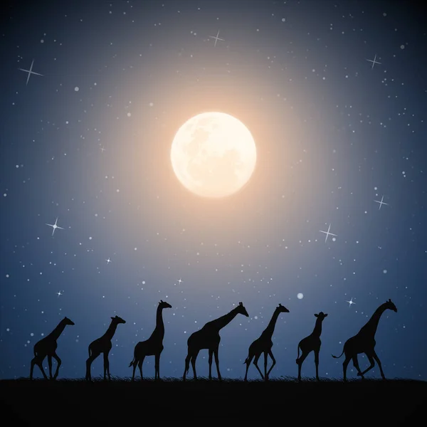 Giraffe Family Savannah Animal Silhouette Full Moon Night Sky — Vector de stock