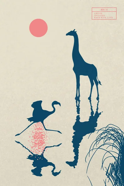 Zürafa Savanadaki Flamingo Nesli Tükenmekte Olan Hayvan Silueti Vahşi Yaşam — Stok Vektör
