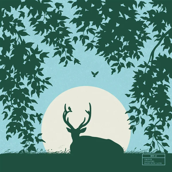 Lying Deer Framed Branches Endangered Animal Silhouette Wildlife — Stock Vector