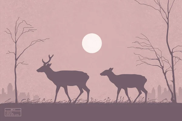 Deer Family Endangered Animal Mother Child Walk City Park — Vector de stock