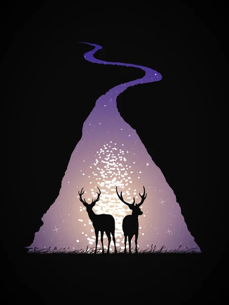Two Deers Grass Animal Silhouette Winding River Starry Night — Stockový vektor