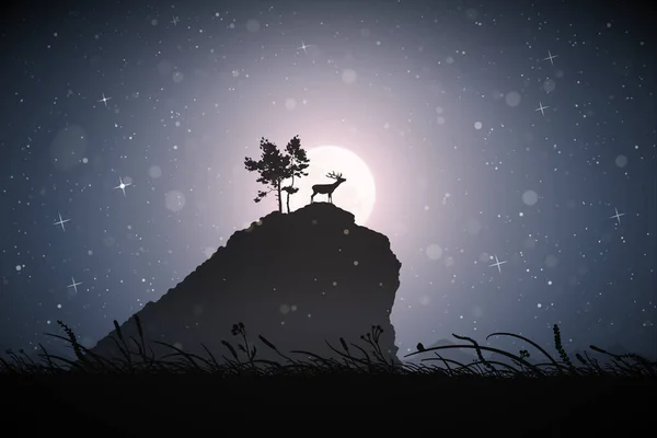 Deer Cliff Top Animal Silhouette Rock Full Moon Night Sky — стоковый вектор