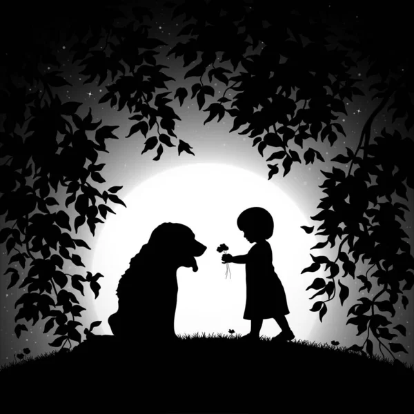 Girl Dog Park Baby Pet Silhouette Full Moon Starry Sky — Stok Vektör