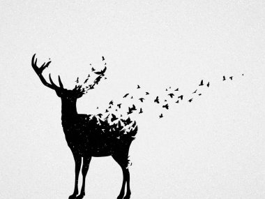 Abstract deer, flying birds. Endangered animal. Black white silhouette