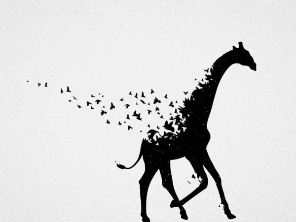 Giraffe Flying Birds Endangered Animal Black White Silhouette — Vetor de Stock