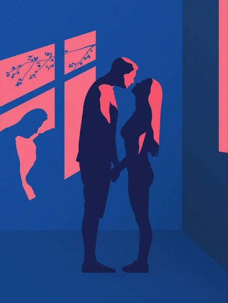 Kissing Couple Lovers Silhouette Window Home Self Isolation — Stockvektor
